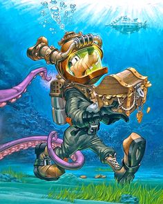 a painting of a man in diving gear carrying a chest with an octopus on it