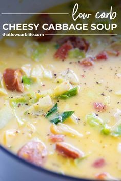 this cheesy cabbage soup is loaded with vegetables and ham