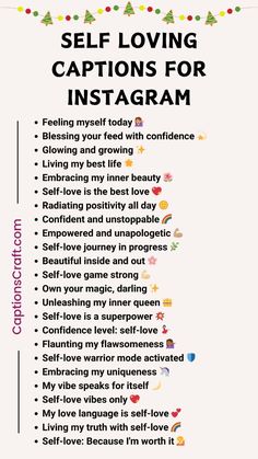 the self loving captions for instagram are shown in this poster, which is also available