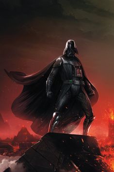 darth vader standing on top of a rock in front of a red sky