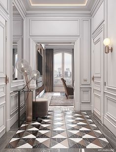 the hallway is decorated in white and black with checkered flooring, chandelier, windows, and door