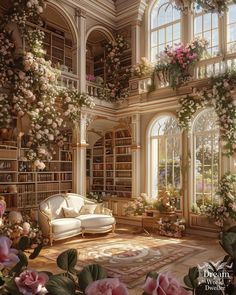 a living room filled with lots of furniture and flowers on the wall next to windows