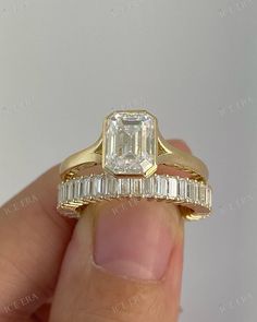 "1.55CT Emerald Cut Moissanite Engagement Ring Set Emerald Solitaire Wedding Ring Set Channel Set Baguette Full Eternity Bridal Band For Her ... About Product ...  ⋅ Type: Moissanite Diamond. ⋅ Stone Shape: Emerald Cut. ⋅  Stone Size : 8*6 MM Approx. ⋅ Carat Weight : 1.55 CT Approx. ⋅ Total Carat Weight : 8.18 CTW  Approx. ➦ Buy directly from the manufacturer - No Mediator 100% Transparency. ➦ 5 Times Quality Check Before Dispatching to ensure that every aspect of your order meets our high       standards of excellence. ➦ If you have any additional questions, just hit the \"Ask a Question\" button (just to the right of the price)       and we will get back you within a few hours. ✪ ... Custom Order ... ✪  ⋅  I welcome all kinds of Custom orders. ⋅  If you would like to change the designs a Emerald Engagement Ring Baguette Band, Emerald Diamond Engagement Ring With Wedding Band, Engagement Rings Emerald Stone, Rectangle Bezel Engagement Ring, Emerald Cut Solitaire With Wedding Band, Emerald Engagement Ring And Band, Think Band Engagement Ring, Cool Wedding Rings Unique, Plus Size Engagement Rings