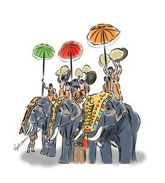 three elephants are carrying people with umbrellas