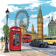 an illustration of london with big ben and the red telephone booth in the foreground