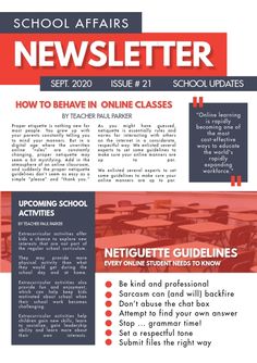 the back cover of a news letter with red and blue accents on it, including an image of school desks