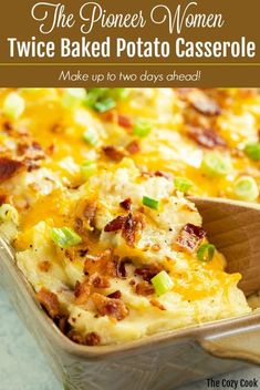 a casserole dish with bacon, cheese and green onions in it is shown