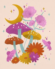 an illustration of mushrooms and flowers with the moon in the background