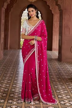 Hot pink saree with multi colored thread floral buttis and paisley vine embroidered border. Comes with matching embroidered, contrasting blouse and a solid hot pink petticoat. - Aza Fashions Hot Pink Saree, Saree Gowns, Dhoti Saree, Cotton Sarees Handloom, Saree And Blouse, Ruffle Saree, Embroidered Border, Katan Silk, Lehenga Saree