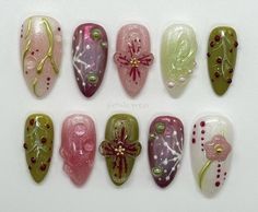 etoile.press on insta <3 Orchid Nails, 3d Flower Nails, Medium Almond, Pretty Gel Nails, Nail Sets, Almond Shape, Kawaii Nails, The Medium, Crystal Nails