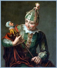 an oil painting of a man wearing a green and red outfit holding a bird in his hand