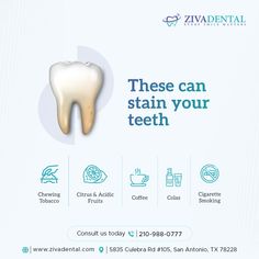 Beware of Teeth-Staining Culprits! From Tobacco to Coffee, Colas to Smoking, Ziva Dental is Your Partner in Maintaining a Bright, Stain-Free Smile. Book an Appointment Now, Call: 210-988-0777 #ZivaDental #TeethWhitening #TeethCleaning #Dentist #Dentistry #DentalClinic #DentalCareServices #DentalServices #DentalEmergency #OralHealth #CosmeticDentistry #SanAntonio #Texas Dental Content, Smile Book, Dental Quotes, Dental Advertising, Dental Social Media, Festival Banner, Dental Posts, Dental Posters