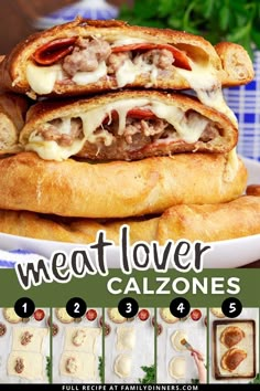 the meat lover calzones are stacked on top of each other and ready to be eaten