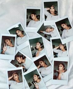 multiple polaroid photos of a woman making the finger sign