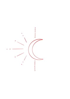 a red line drawing of the sun and moon with dots on it's side