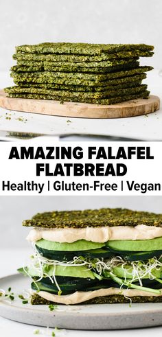 an image of a sandwich with pesto on it and the text amazing falafel flatbread healthy i gluten - free vegan