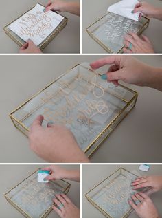 the process of painting glass with acrylic paint and gold lettering on it is shown