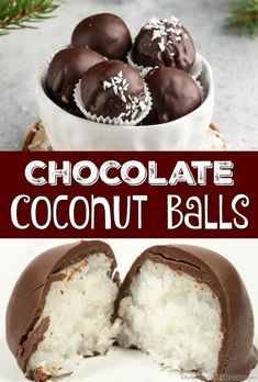 chocolate coconut balls in a white bowl with the words, chocolate coconut balls on top