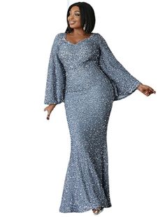 Weitese Mermaid / Trumpet Wedding Guest Dresses Plus Size Dress Cocktail Party Black Tie Floor Length Long Sleeve Scoop Neck Sequined with Glitter Trumpet Sleeves, Trumpet Dress, Trumpet Sleeve, Party Gown, Sequin Maxi, Elegant Dresses For Women, Maxi Dress Formal, Gowns With Sleeves, Long Summer Dresses