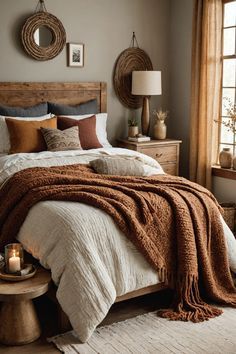 a bedroom with a large bed covered in blankets and pillows