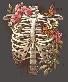 a skeleton with flowers and butterflies on it