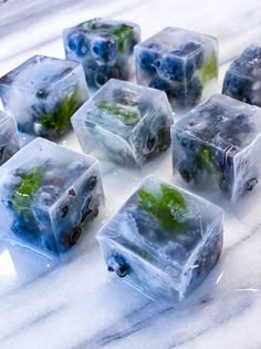 ice cubes with blueberries and mint on them