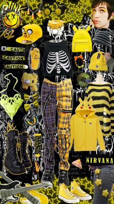 yellow alternative fit 💛🖤 - - - #yellow #emo #tumblr #aeshetic #plaid #plaidpants #bag #pikachu #hat #jakethedog #boots #converse #goth #scene #scenecore #alt #alternative #accessories #earrings #choker #outfit #outfitinspo #outfitideas #outfitinspiration #inspiration #collage #tumblraesthetic #2010s Yellow Scene Outfit, Yellow Alt Outfit, Emo Aesthetic Outfit, Scenecore Outfit, Boots Converse, Choker Outfit, Pikachu Hat, Inspiration Collage, Alternative Accessories