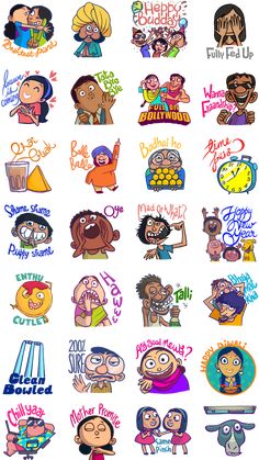 cartoon stickers with different types of people and words on them, all in various colors