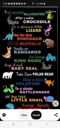 an iphone screen with the words in different languages and pictures on it, including animals