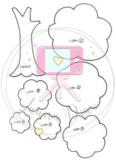 an image of a tablet with clouds and hearts on the screen, as well as other items