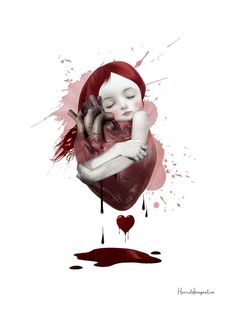 a painting of a woman holding a heart with blood dripping down the side and her eyes closed