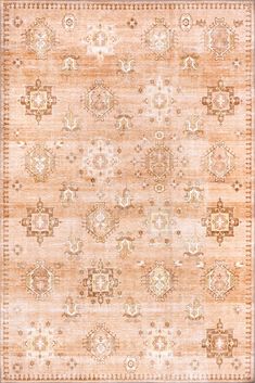 an orange and beige rug with many different designs