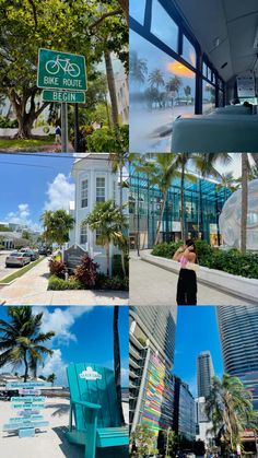 a collage of photos showing different buildings and palm trees