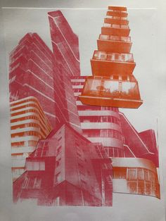 an orange and red collage with buildings in the background