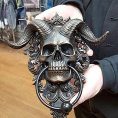 a person holding a skull with horns in their hands