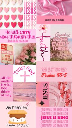 pink and white collage with the words jesus is good, he will carry you through this