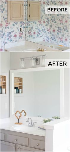 before and after photos of a bathroom remodel with wallpaper on the walls