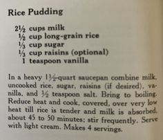 the recipe for rice pudding is shown in an old book