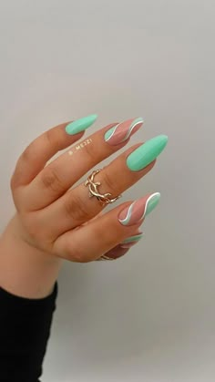 Teal Almond Nails Designs, Slay Nails, Lilac Nails Design, Nails Vibrant, Mint Green Nails, Swirl Nails, Mint Nails, Lilac Nails, Nails Green