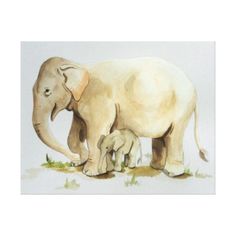 an elephant and her baby are standing in the grass by some watercolors on paper