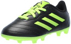 the adidas soccer shoe is black and neon green