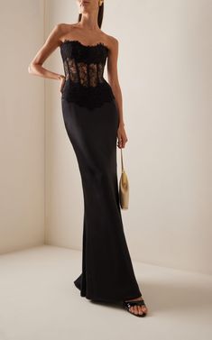 RASARIO Strapless Lace Corset Satin Gown - We Select Dresses Black Tie Party Outfit, Mat Gala, Black Tie Party, Satin Gown, Dress The Population