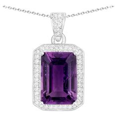 It comes with the Gemological Appraisal by GIA GG/AJP All Gemstones are Natural Amethyst = 5.10 Carats 48 Diamonds = 0.24 Carats Metal: Rhodium Plated Sterling Silver Pendant Dimensions: 24 x 13 mm Jewelry Gift Box & Silver Chain Included Pendant Necklace Diamond, Amethyst Pendant Necklace, Halo 5, Amethyst Necklace Pendant, Necklace Diamond, Single Stone, Amethyst Pendant, Diamond Pendant Necklace, Diamond Halo