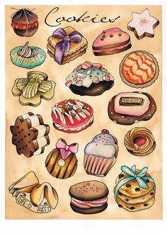 a drawing of various types of cakes and pastries