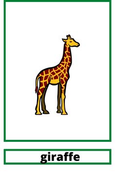 a giraffe standing in front of a green frame with the word giraffe below it