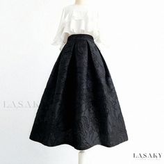 Lasaky - Black Floral Jacquard A-Line Skirt with Volume Skirt Organza, Black Flower Pattern, Black Flare Skirt, Umbrella Skirt, Skirt Suits, Jacquard Skirt, Pleated Long Skirt, Zipper Skirt, Length Measurement