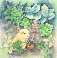 two hamsters in the garden eating carrots and lettuce, watercolor on paper