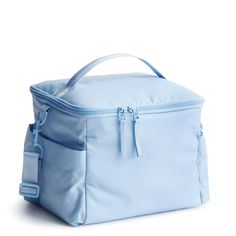 a blue lunch bag on a white background