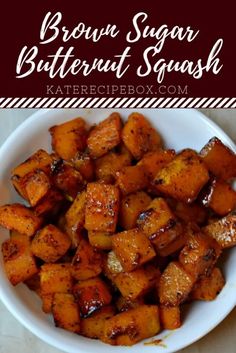 brown sugar butternut squash in a white bowl on a marble surface with text overlay