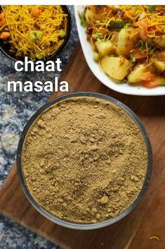 chaat masala in a bowl next to other food on a cutting board with the words chaat masala above it